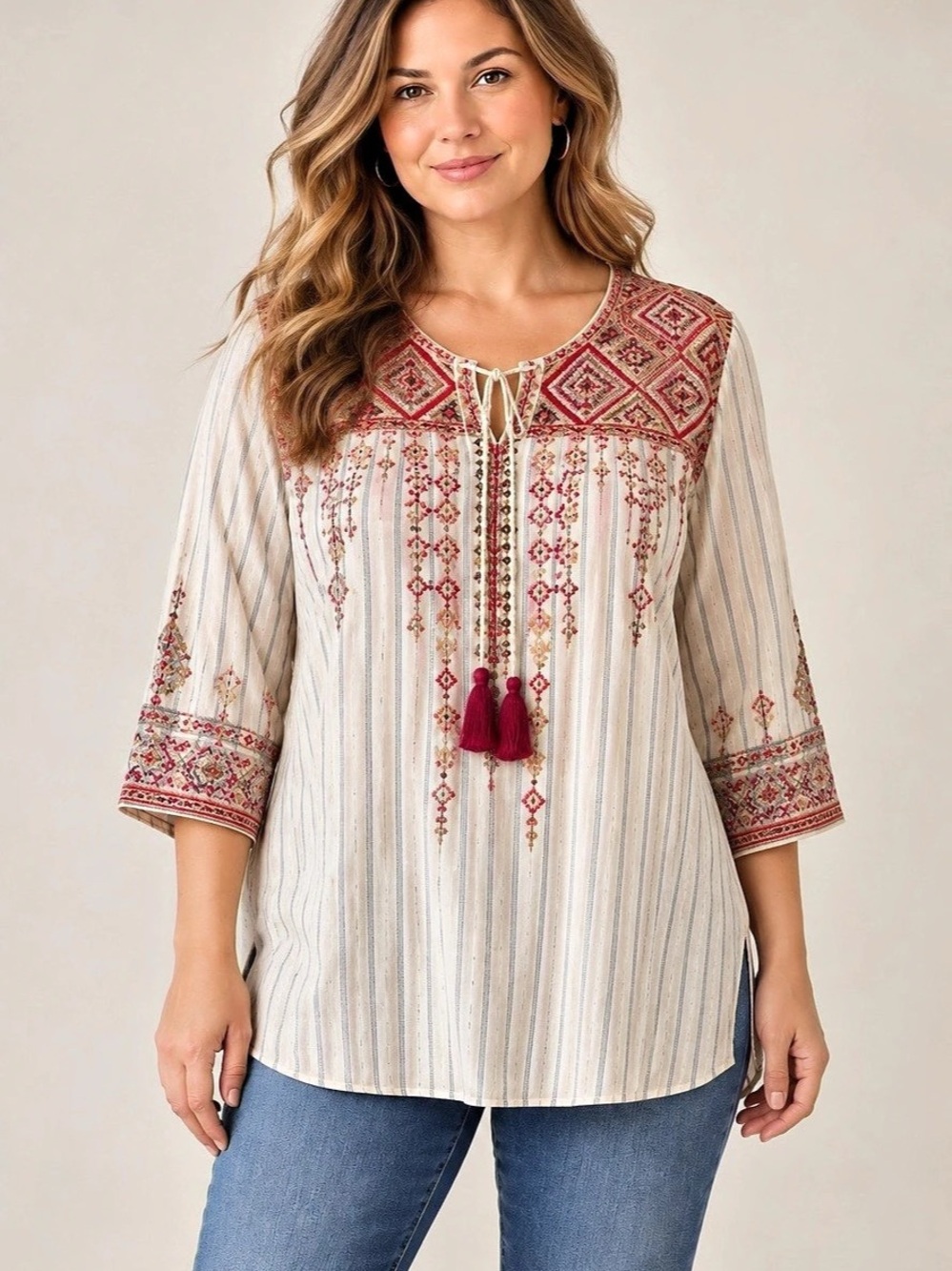 Johnny Was Embroidered Striped Peasant Blouse Tunic Large Autumn Fall Style Boho